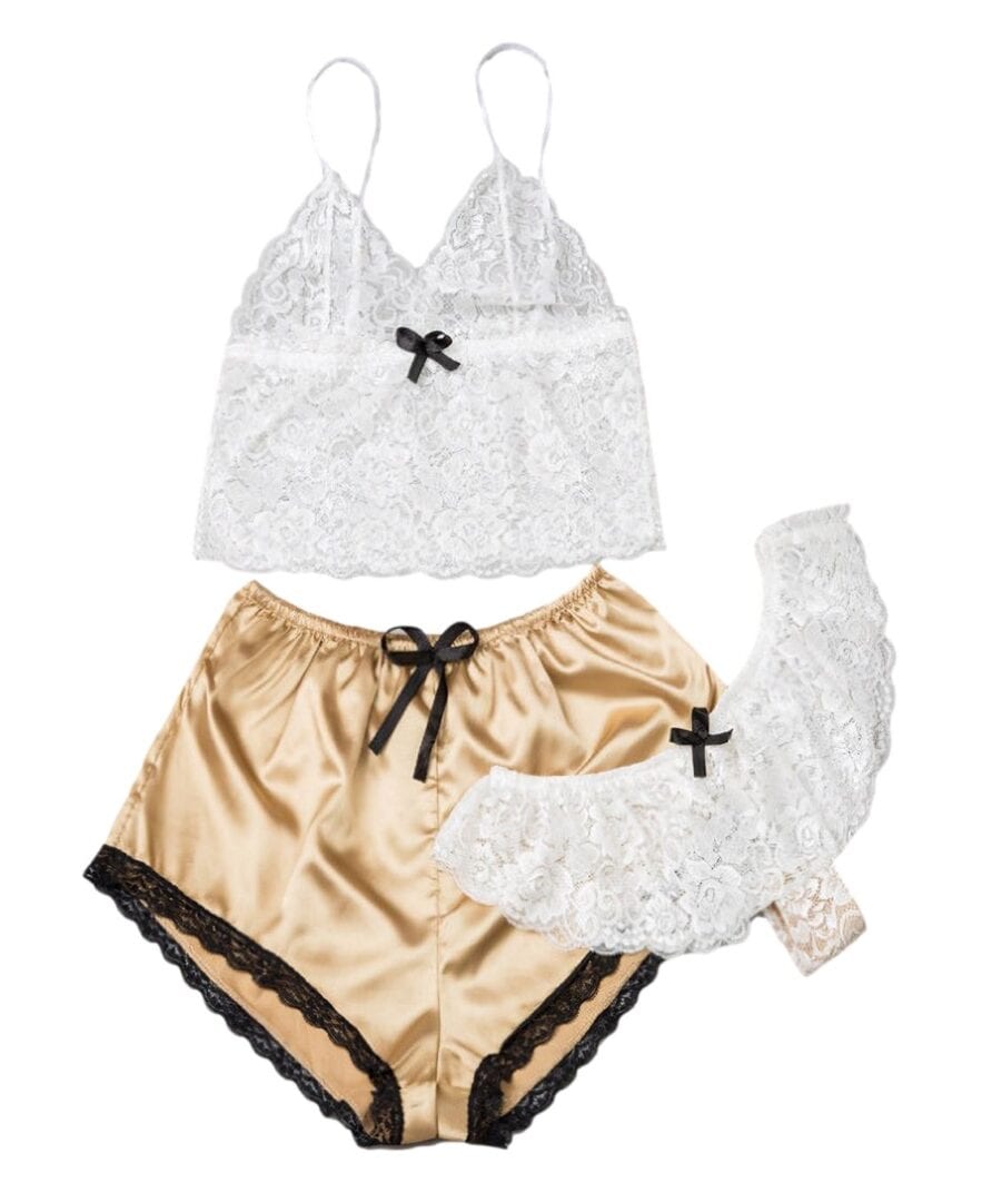 Satin and Lace Three Piece Sleepwear Set by My Secret Drawer® mysecretdrawer.at
