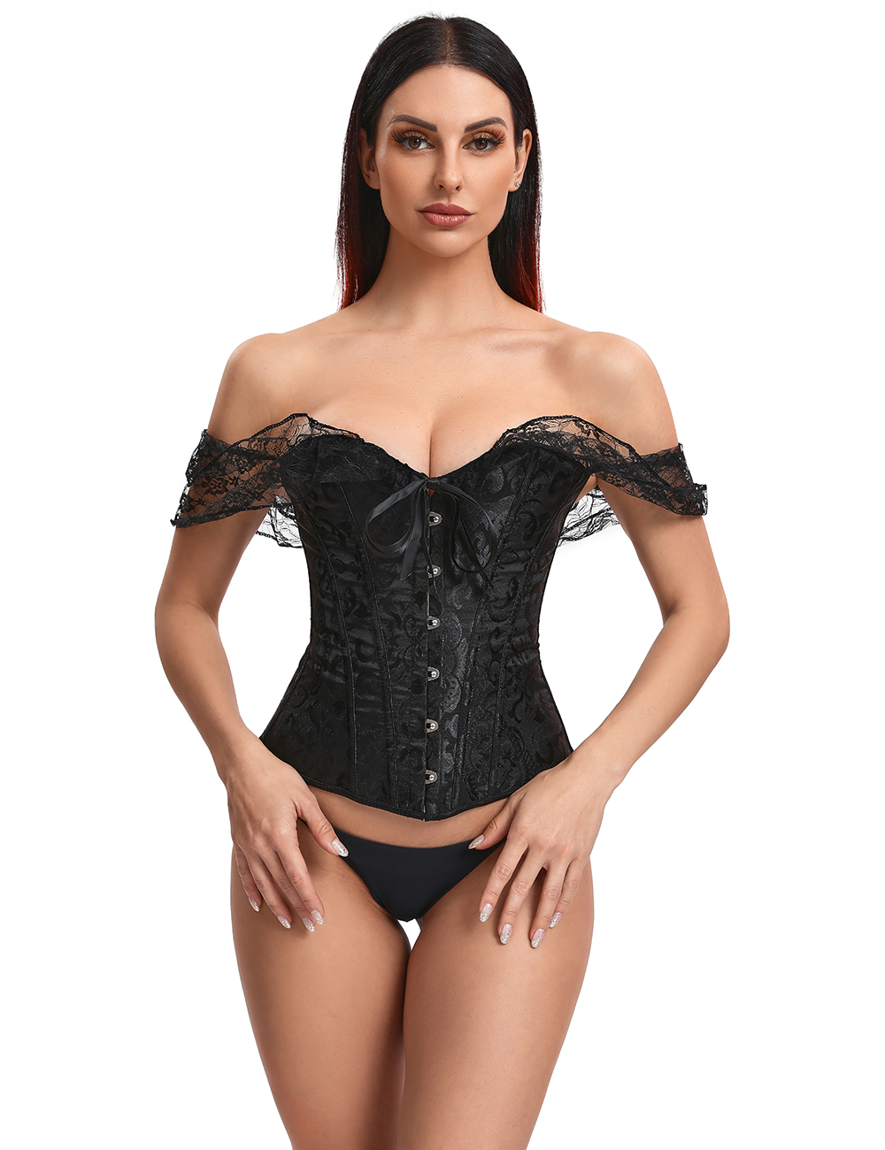 Elegant Black Off-Shoulder Lace Victorian Corset With Panties by My Secret Drawer® mysecretdrawer.at